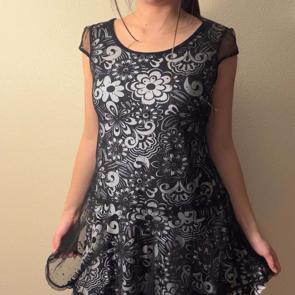Justice Dress Size 14 Black White Floral Mesh Y2K Fairycore
